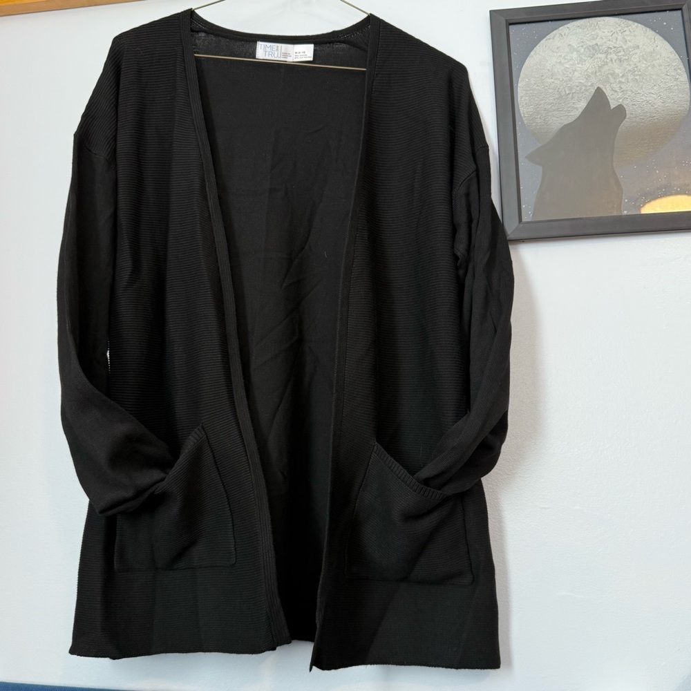 Black Open-Front Knit Cardigan Sweater With Pockets